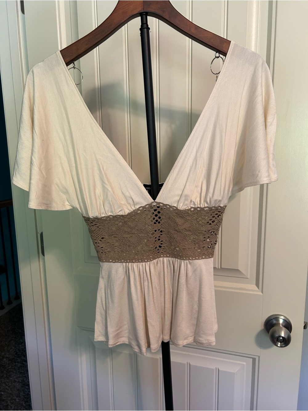 Moda International (vintage Victorias Secret) Cream Top with Taupe Crochet Waist